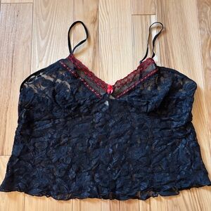 Vintage Secret Treasures Black Lace Red Trim Semi Sheer Lingerie Tank Top 2X